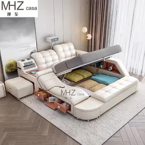 MHZ Casa Modern Smart Furniture Leather Upholstered Bed With Storage King Queen Size Massage Multifunctional Smart Bed