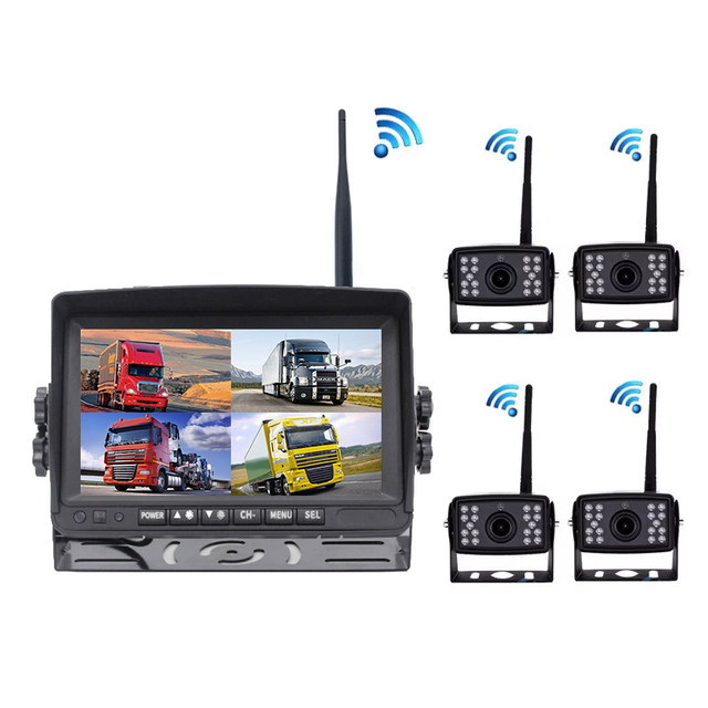 7'' HD Quality Truck Monitor Parking Backup System with 4 Rear View Wireless Cameras IP68 Waterproof Split Screen Feature
