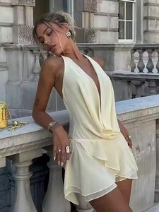 Abito Mini da Donna Elegante e Sexy con Scollo a V Profondo, Trasparente, in Pizzo, con Lacci, Drappeggiato, Senza Schienale, Halter, per Vacanze e Spiaggia - Product Image 2