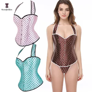 6 브로치 핑크 여성 바디 Shapewear 버클 벨트 조절 슬리밍 Bustier 탑 도트 그린 코르셋 란제리 Halterneck