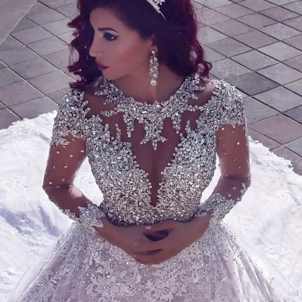 Luxury Rhinestone Heavy Beaded Wedding Gowns Handmade Crystal Ball Gown Arab Wedding Dresses