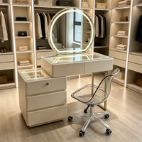En gros Coiffeuse de chambre contemporaine avec miroir rond à éclairage LED, meuble de rangement multi-tiroirs, chaise de maquillage à roulettes transparentes
