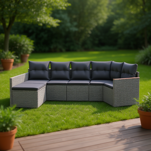 Conjunto de Sofá Modular en Forma de L para Jardín, de Mimbre Sintético Gris, Muebles de Exterior para 6 Personas, Diseño Elegante - Product Image 2