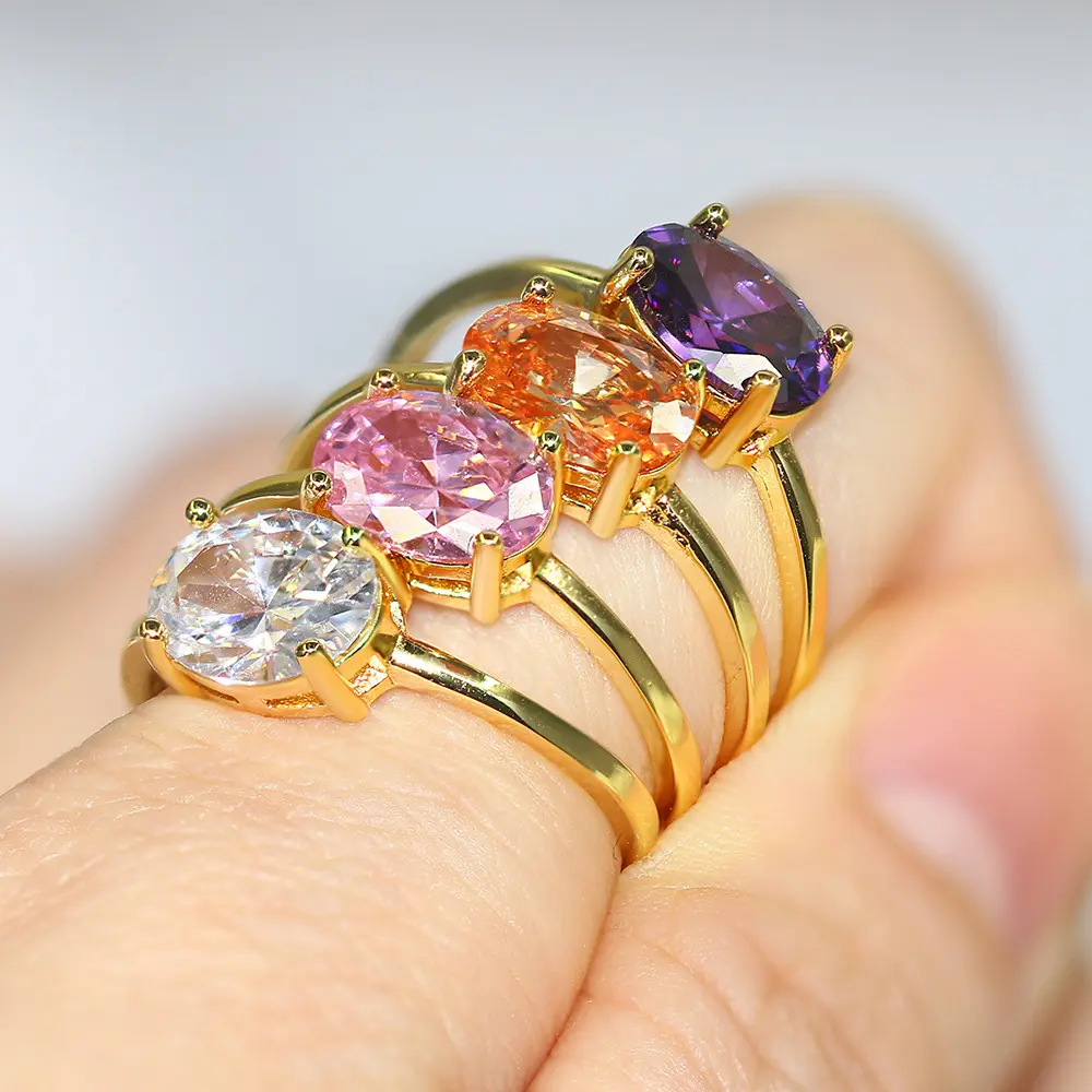 Mode Bruiloft Sieraden Geel Goud Multicolor Zirkoon 7X9Mm Grote Steen Ovale Diamanten Ring