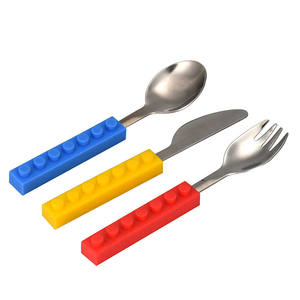 Bloc de construction <span class=keywords><strong>Lego</strong></span> Design Toddler Couteau Fourchette Cuillère Couverts, Lovely Children Baby Couverts avec poignée en silicone, Mini Vaisselle - Product Image 2