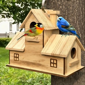 Casa para Pájaros de Madera Sólida para Exteriores, Estilo Villa, Nido Colgante para Aves, Acabado Natural, Tamaño Pequeño - Product Image 1