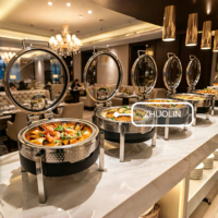 Hotelrestaurant vierkante gehamerde zilveren roestvrijstalen glazen geïsoleerde chafing dishes voor buffet, chafer, voedselwarmer, draadframe