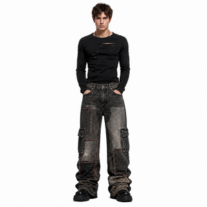 Jean cargo droit vintage noir délavé pour homme Wangsheng, taille mi-haute, avec bords bruts et empiècements en denim, style gothique - Product Image 6