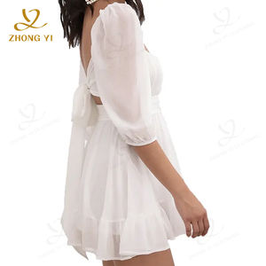 Pabrik Kustom Fashion pakaian musim panas gaun renda kerah wanita kasual elegan sabuk putih lipit gaun Mini - Product Image 4