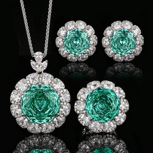 Fashion Eco-friendly Copper Flower 3pcs Set Jewelry 18-16mm Paraiba Green Zirconia Floral Necklace <b>Earrings</b> Ring Matching Set - Product Image 3