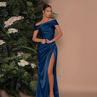 RedPeony 2025 Robe Maxi Femme en Satin Épaule Dénudée Sexy, Fendue Haute sur le Côté, Taille Froncée, Volants, pour Bal, Soirée Formelle et Fête