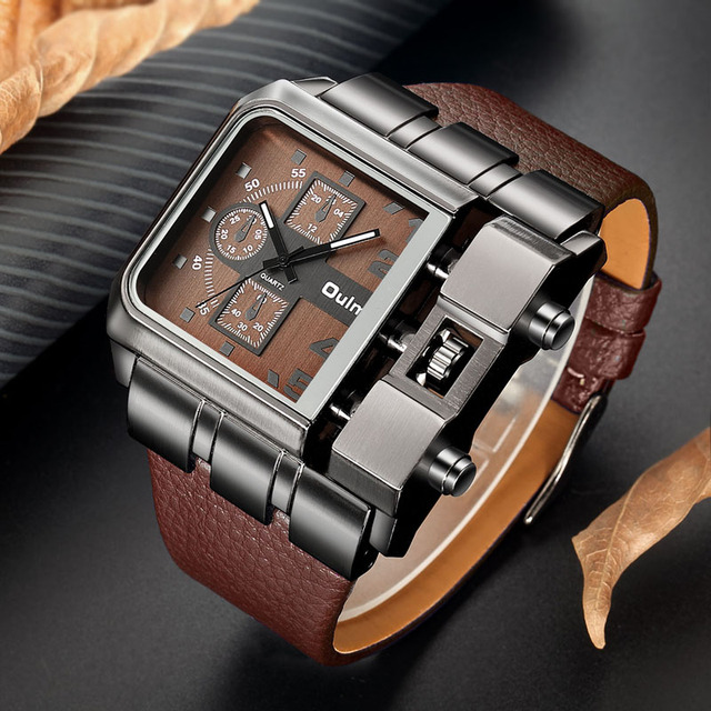 OULM 3364 Business Fashion Original Unique Design Rectangle Watch Leather Strap Wide Dial Luxury Quartz Wrist Watches for Men