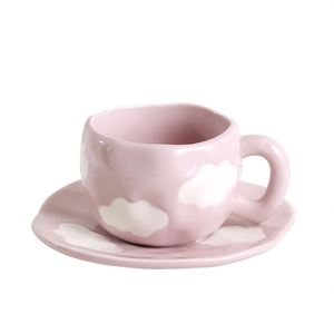 Tazas de café de cerámica de alta calidad con diseño de nube de dibujos animados, platillos, color subesmaltado, regalo complementario, tapa pintada a mano para té de la tarde - Product Image 5