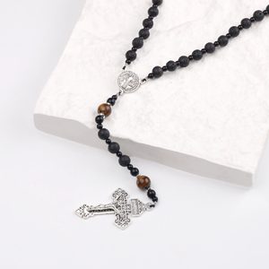 Classic Religious 8mm Black Lava Stone Beads Rosary <strong>Necklace</strong> with St Benedict Crucifix Cross for Men - Product Image 3