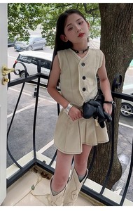 Nuovo Set di <span class=keywords><strong>abbigliamento</strong></span> da ragazza senza maniche gilet Top + gonna tinta unita completo da bambina - Product Image 4