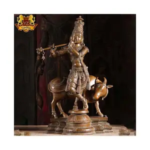 Custom Design High Quality Hand Carved Metal Art Brass Copper Indian God Sold Bronze Gopal Krishna Statue With Cow