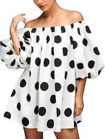 Robe courte estivale à épaules dénudées à pois, manches bouffantes, ample et fluide, robe de poupée mignonne, robe courte décontractée et ample