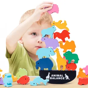 HPD婴儿Montessori玩具动物堆砌立方体木制工艺彩虹堆砌平衡拼图套装儿童平衡玩具游戏