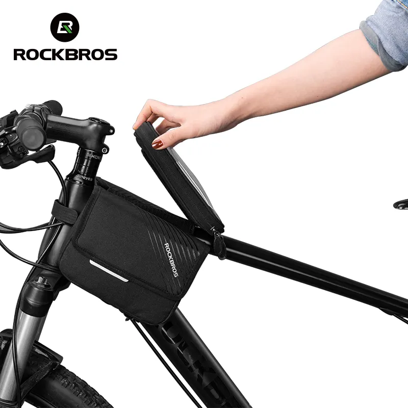 ROCKBROS กระเป๋าติดแฮนด์จักรยานขนาด6.0นิ้ว,กระเป๋าใส่โทรศัพท์ติดกับแฮนด์จักรยานพร้อมหน้าจอสัมผัสอุปกรณ์เสริมกระเป๋าใส่โทรศัพท์โครงด้านหน้า