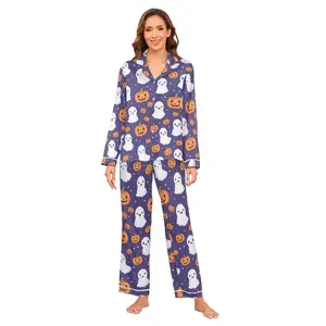 Wholesale Women's Lapel Night Suit Plus Size Long Sleeve Sleepwear silk Satin Ladies Pajamas customs logo