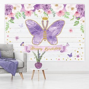 Pafu Lila Rosa Gold Rose Blumen fotografie Hintergrund Schmetterling Tisch Banner Dekor liefert Schmetterling Geburtstags feier Hintergrund - Product Image 2