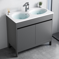 Meuble de salle de bain autoportant double vasque pour projets hôteliers, en aluminium étanche, avec vasque en céramique et armoire miroir