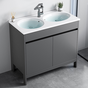 Mueble de Baño Independiente con Doble <span class=keywords><strong>Lavabo</strong></span> para Proyectos Hoteleros, Gabinete de Piso Impermeable de Aluminio, <span class=keywords><strong>Lavabo</strong></span> de Cerámica y Gabinete con Espejo - Product Image 5