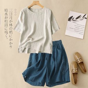 Women's Cotton Linen Short Sleeve T Shirt Set Loose Casual Breathable Elastic Waist Shorts Artistic Retro Summer Style - Product Image 2