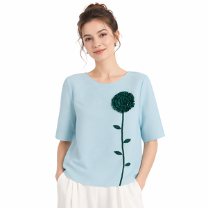 Camicetta Estiva da <span class=keywords><strong>Donna</strong></span> in Stile Francese Vintage con Ricami Floreali 3D in Poliestere Plissettato a <span class=keywords><strong>Mezza</strong></span> <span class=keywords><strong>Manica</strong></span> - Product Image 1