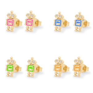 Boucles d'oreilles clous QLEESI pour enfants, forme robot, couleur émail tendance, en argent sterling S925 plaqué or 18 carats - Product Image 5