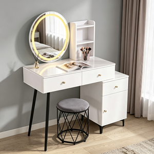 Modern Minimalist Solid Wood Makeup <b>Vanity</b> Lighted Oval Mirror Storage Drawers Stool Dressing <b>Table</b> White Customizable Design - Product Image 3