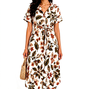 Floral Print Woven Chiffon 100% Cotton Shirt Dress Women <b>Short</b> Sleeve Button Front Midi Tie Waist Casual Summer Wear - Product Image 1