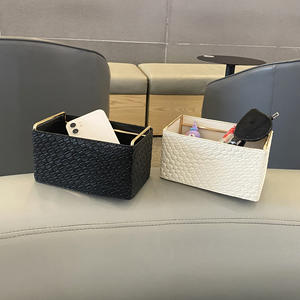 Boîte de rangement en cuir rectangulaire noire tressée, organisateur de bureau pour cosmétiques, support pour désordre de bureau, couleur unie - Product Image 3