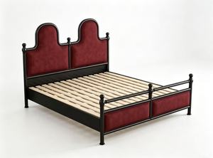 Premium Queen Size Black Metal <b>Bed</b> With Red Velvet Double Arched Upholstered Headboard For Bedroom - Product Image 6