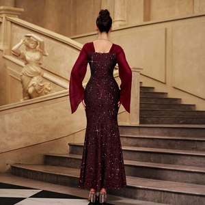 Thanh lịch Burgundy sequin Evening Gown Phụ nữ dài tay áo chính thức Maxi Dress sang trọng lấp lánh Nàng Tiên Cá <span class=keywords><strong>prom</strong></span> Wedding Guest Party Dresses - Product Image 3