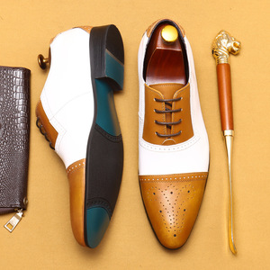 <strong>Men</strong> Two Tone White <strong>Tan</strong> Cap Toe <strong>Brogue</strong> Oxford Shoes Color Block Lace up Pointed Toe Formal Business Wedding Dress Shoes Wholesale - Product Image 4