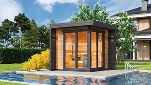 Nueva Sauna Exterior Cuadrada de Madera Maciza de Abeto Canadiense para 4 Personas, Ventanas Grandes de Vidrio, Bancos Dobles, Estufa Harvia, Entrega Rápida - Product Image 4