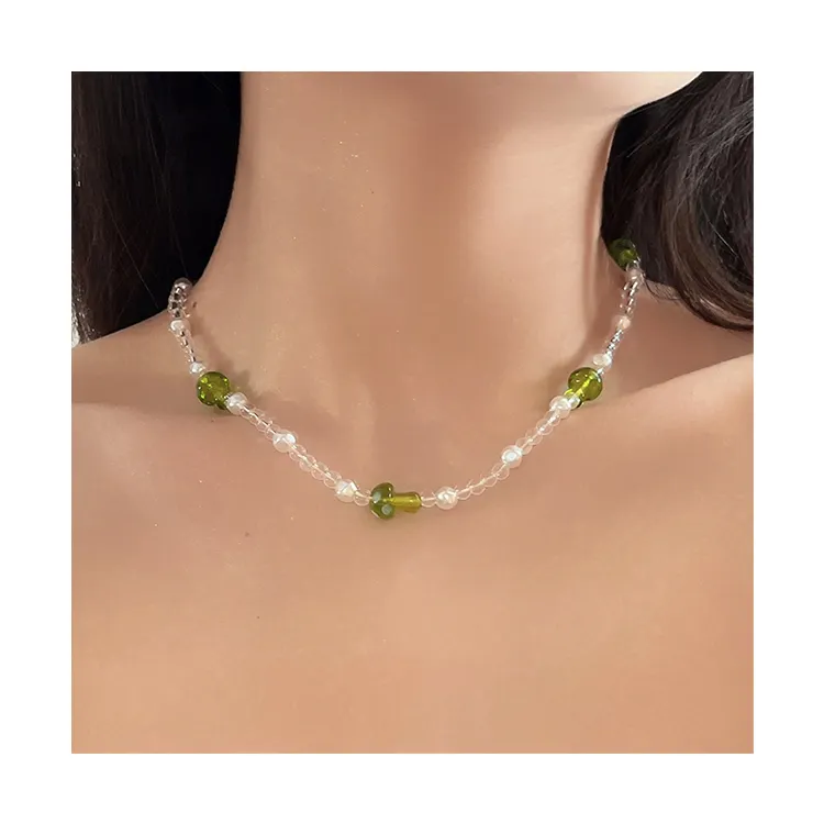 Bohemian Women Glass Beads Handmade Green Mushroom Pendant Ladies Jewelry Gift Necklaces