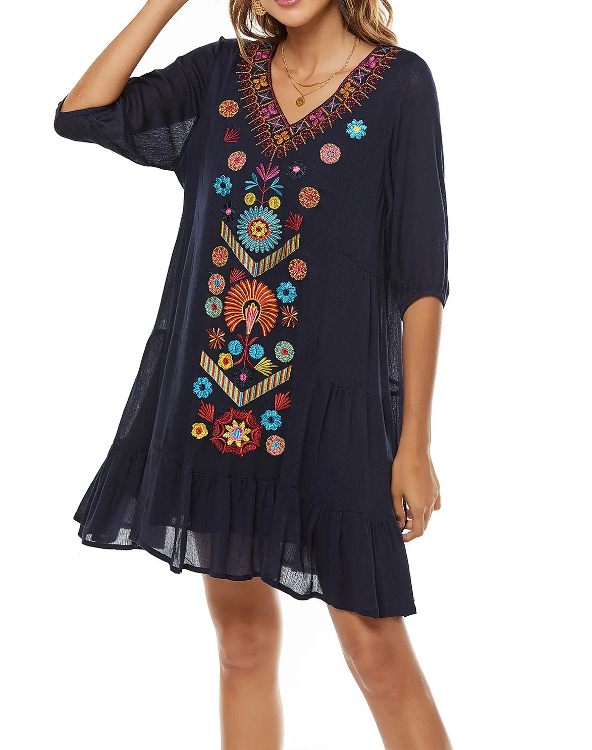 New custom casual chiffon dress short sleeve V-neck embroidered dress