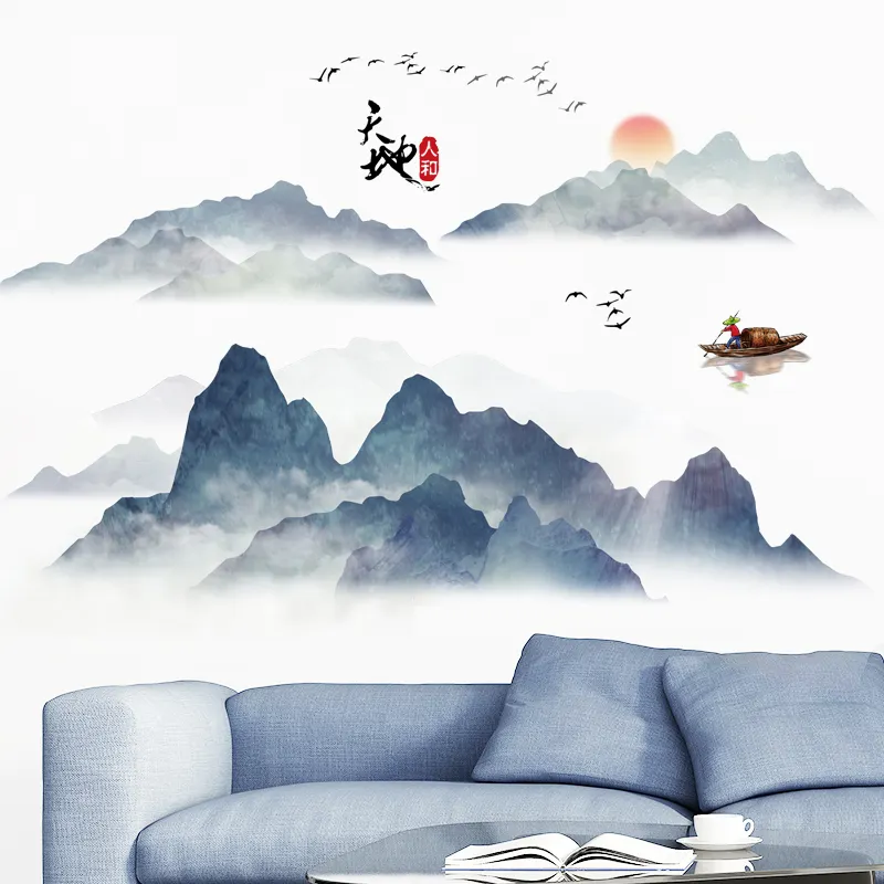 China style lnk mountain and water landscape home decoration wall sticker for living room bedroom office background wall decal