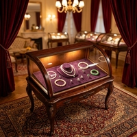 Vitrine d'îlot pour bijoux de style classique français, incurvée, avec doublure en velours, un meuble de luxe rétro, sculpté, éclairé, en verre antique