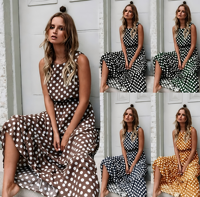 Robe longue décontractée vintage fendue à pois boutonnée taille haute sans manches anti-plis coupe trapèze pour femme printemps-automne