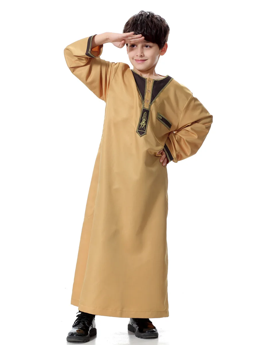 Foma TH872 malay islamic kids clothes dress ramadan abaya with embroidery muslim boys thobe
