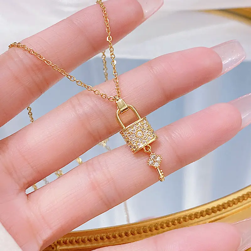 DAIHE – collier avec serrure et clé en or pour femme, pendentif en cristal Zircon, chaîne de clavicule