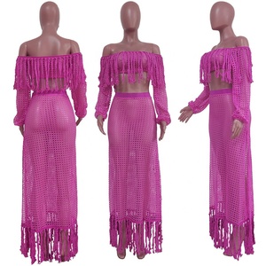 Ensemble de jupes 2 pièces à franges pour femmes-Short de bikini à pompons rose en crochet-Top court à épaules dénudées-Vêtements d'été-Robe de plage - Product Image 6