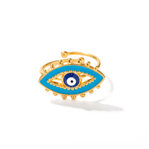 Bijoux de luxe plaqué or 18K bague mauvais yeux en acier inoxydable émail bleu anneau oeil réglable pour les femmes - Product Image 1