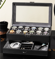 Boîte à montres et bijoux à deux niveaux en cuir grain litchi avec couvercle en verre, tiroir coulissant et doublure en peluche – Vente en gros OEM ODM