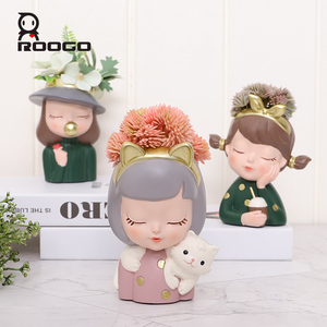 Roogo New design Lovely Girl Flower Pots Small Size Planter Home and Garden Decoration Resin Bonsai Gives For Children