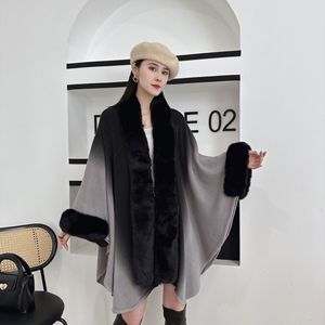Châle en cachemire acrylique ombré avec <span class=keywords><strong>col</strong></span> en fausse fourrure automne/hiver, cardigan tricoté grande taille pour femme, cape longue asymétrique ouverte sur le devant - Product Image 4