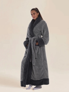 Albornoz Largo de Sherpa Grueso y Esponjoso con Cuello Chal y Ribete en Contraste Cálido, Sin Capucha, <span class=keywords><strong>Para</strong></span> <span class=keywords><strong>Parejas</strong></span>, Ideal <span class=keywords><strong>para</strong></span> el Hogar, Hotel y Descanso Nocturno - Product Image 3